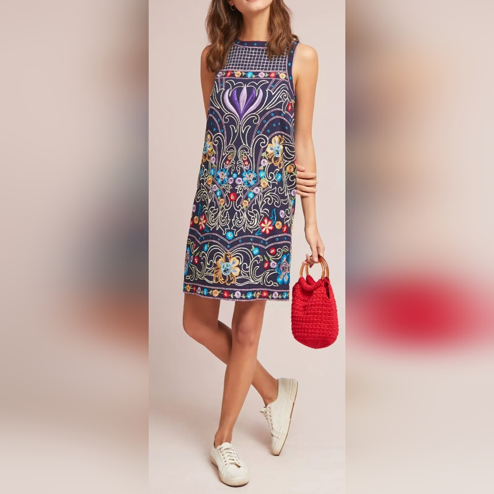 Maeve Black and Blue Sheath Mini Dress Mock Neck Sleeveless Cocktail